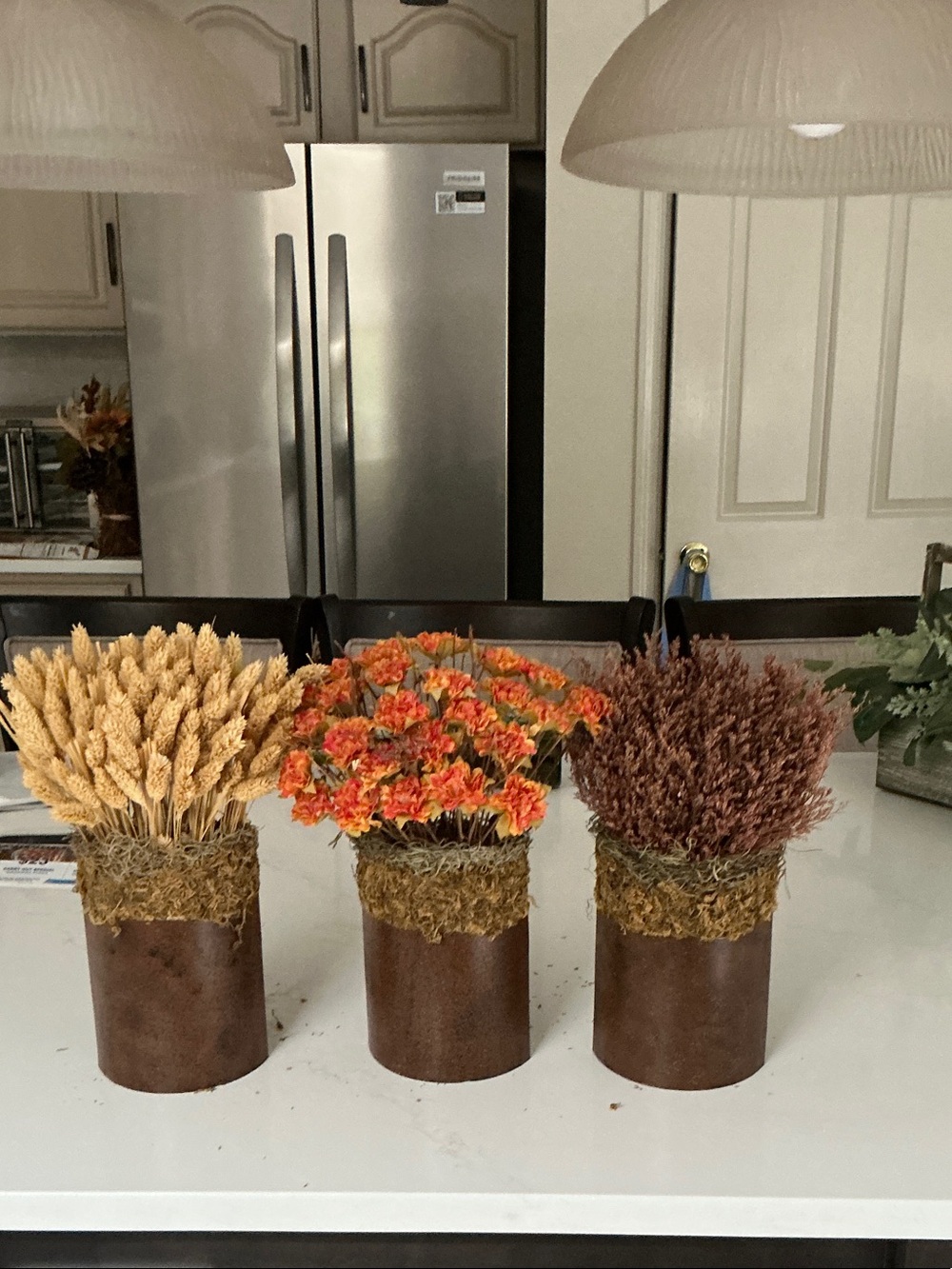 Autumn Trio Faux Floral Arrangements in Rustic Brown Vases - Orange, Tan, Brown